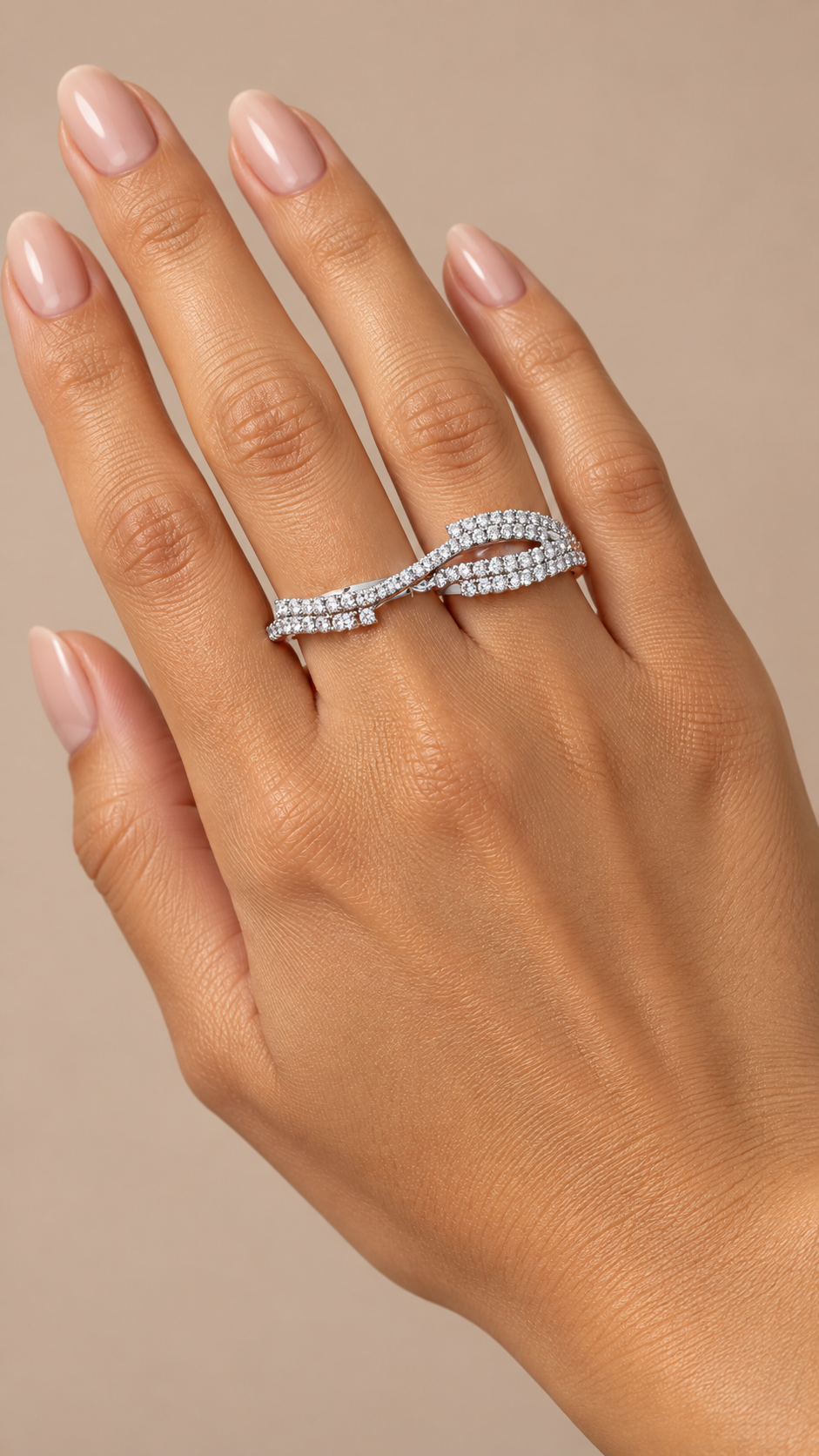 Wrenley Double-Finger Ring — Silver worn closeup