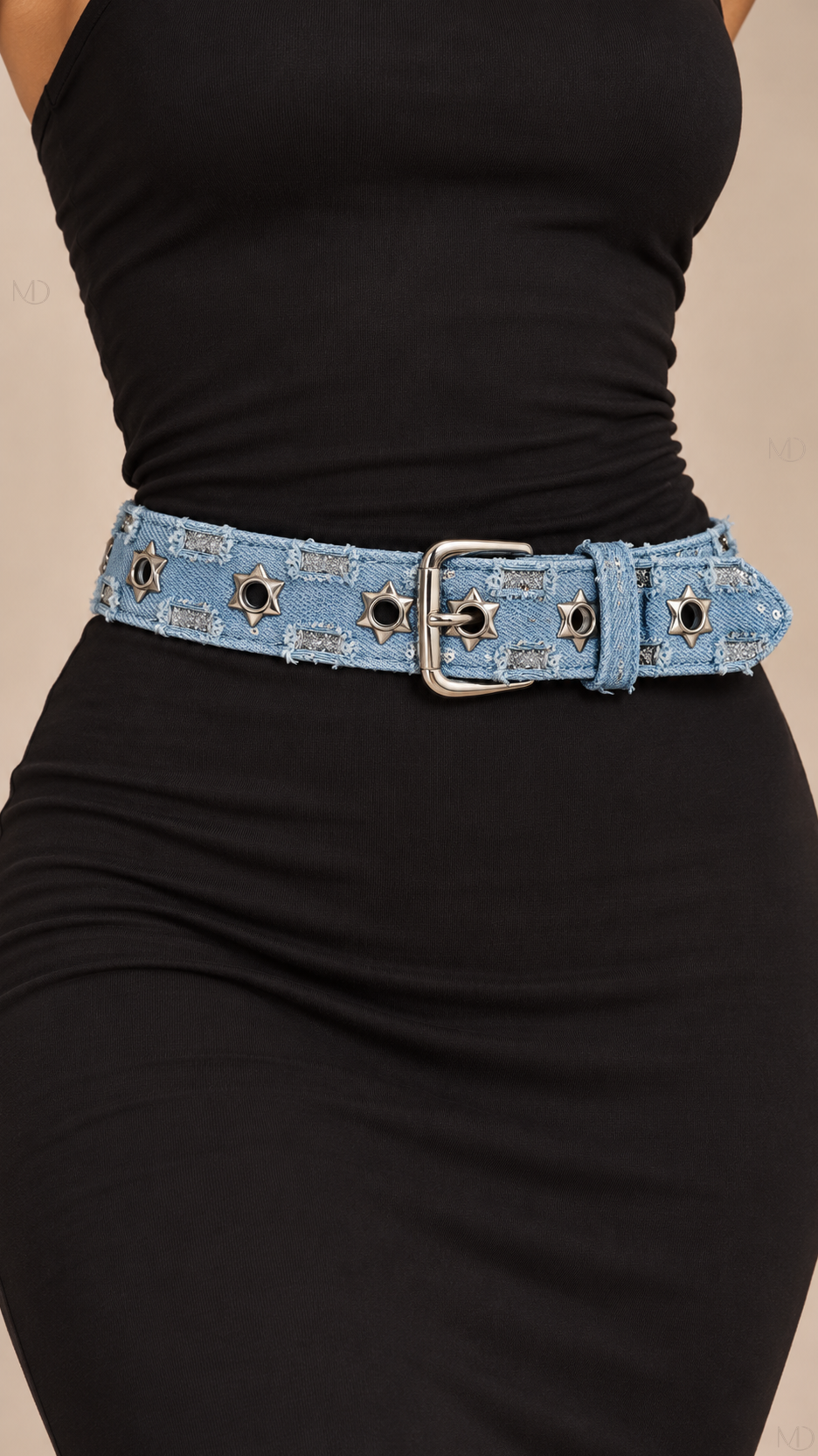 Cosima Star-Rivet Belt — Sky Blue Denim worn closeup