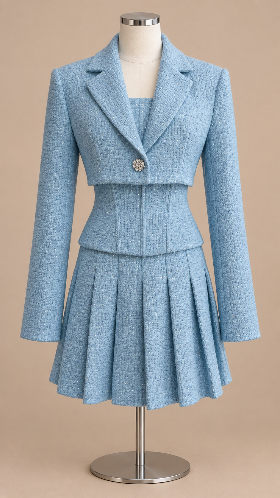Celeste Tweed Three-Piece — Sky Blue mannequin front