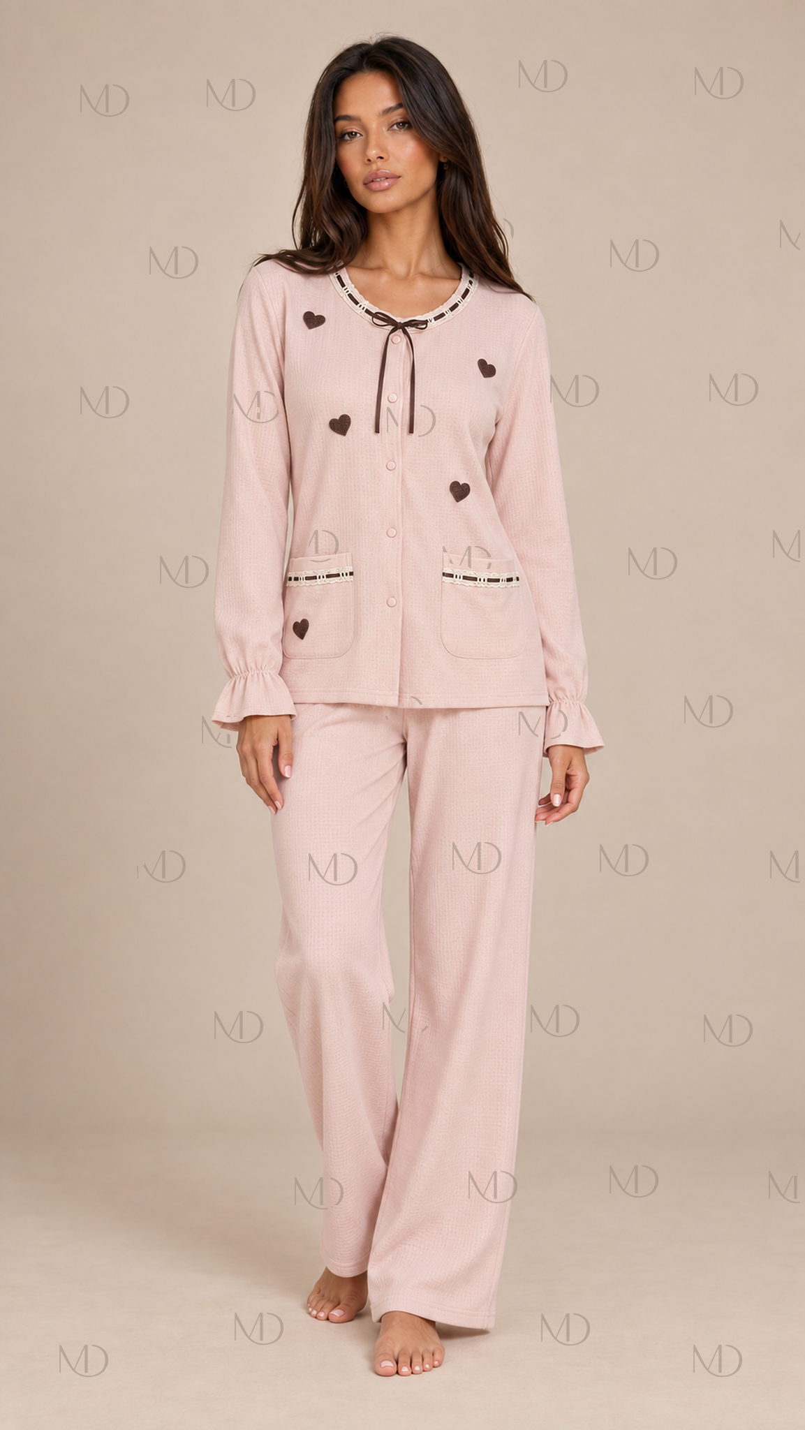 Elodie Heart Cotton Pajama Set — Soft Pink model front