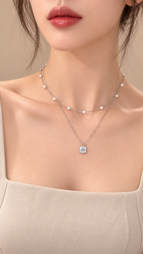 Sucre Double Layer Necklace - Silver worn model close-up