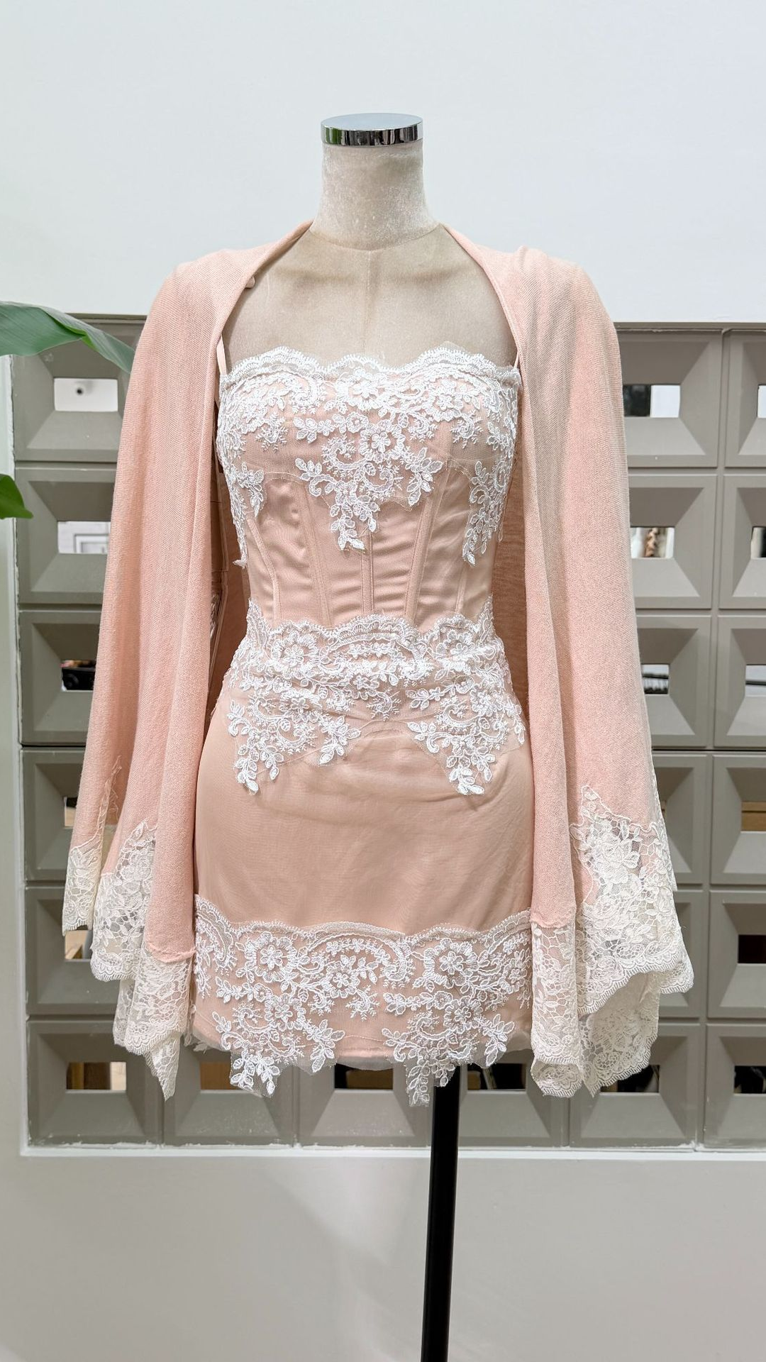Amazon backless lace appliqué tie-strap boned bodycon dress + knitted lace trim shawl — 1