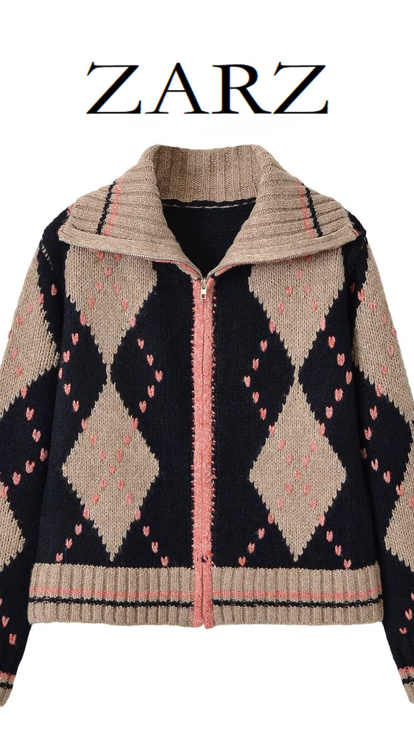 Zarz handmade european and american style new women's long-sleeved stand collar diamond pattern zipper knit cardigan 5802006 — 1