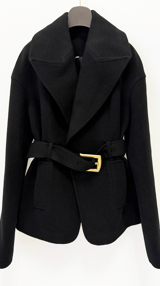 Ready stock: 2026 fall/winter new european and american celebrity-inspired fashion belted, oversized collar, mid-length wool blend coat — 2