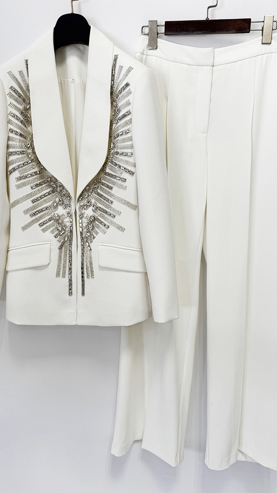 Ready-to-ship 2026 new european and american fashion heavy beaded and rhinestone embellished peter pan collar blazer and pants two-piece set — 2
