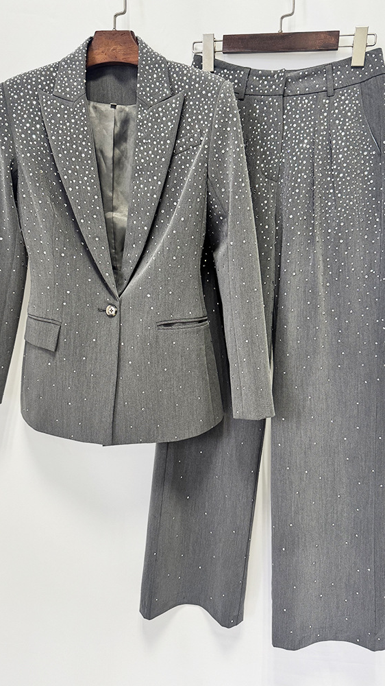 In-Stock 2026 New Model European and American Style Elegant Rhinestone Embellished High-End Gray One-Button Blazer and Pants Two-Piece Set — 7