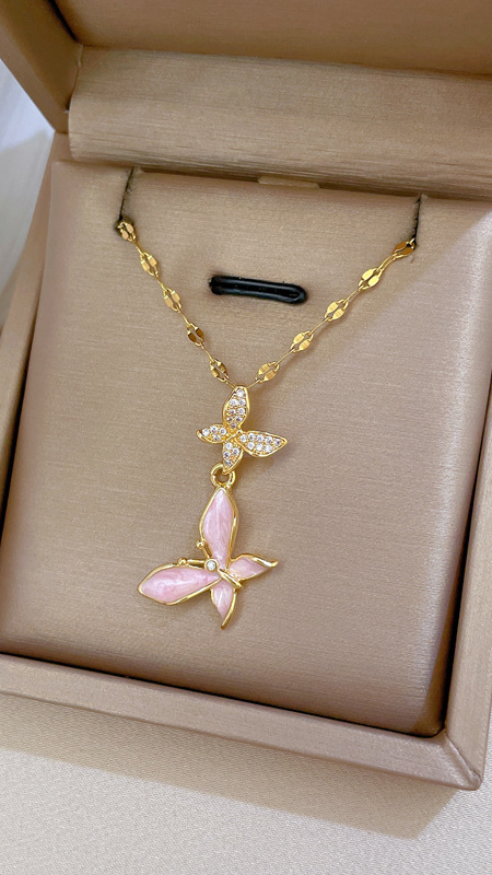 [Titanium Steel] Full Diamond Dripping Oil Butterfly Light Luxury Temperament Gorgeous Full Diamond Necklace Women's All-match Clavicle Chain Titanium Steel Chain — 10