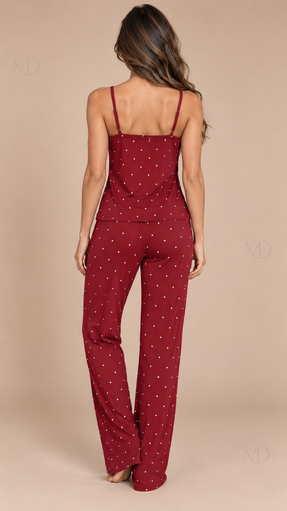 Talia Dotted Cami Set Wine Red model back
