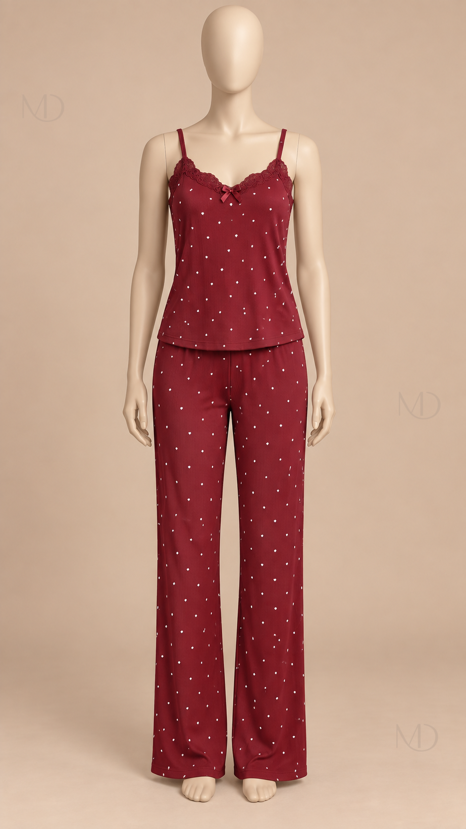 Talia Dotted Cami Set Wine Red mannequin front