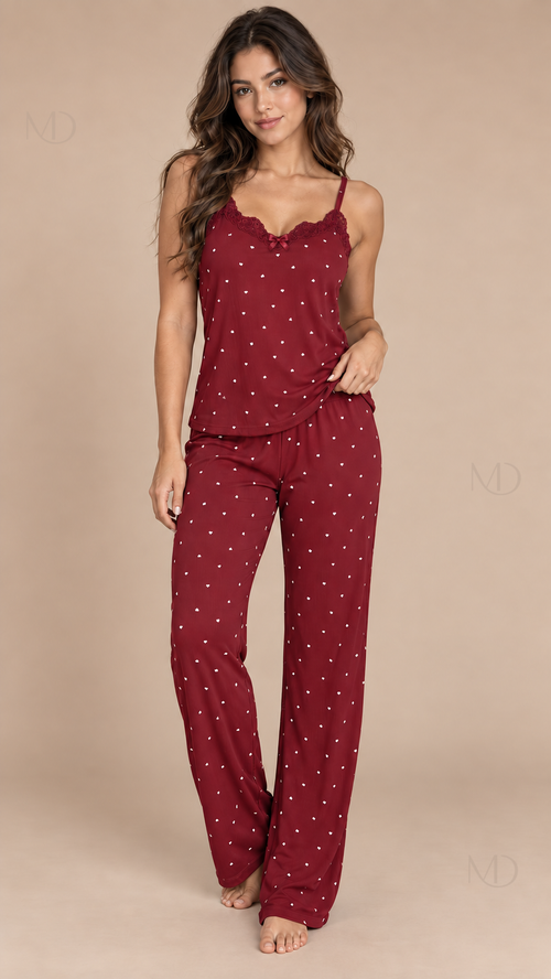 Talia Dotted Cami Set Wine Red model front