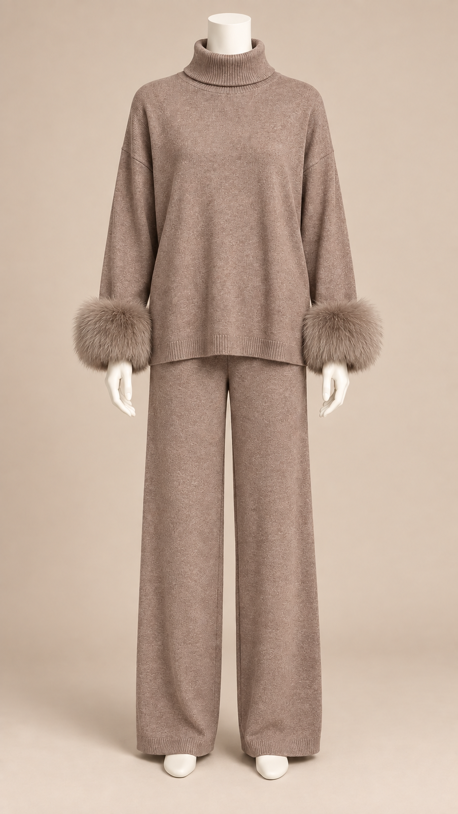 Noor Fur-Pom Knit Set — Taupe mannequin front