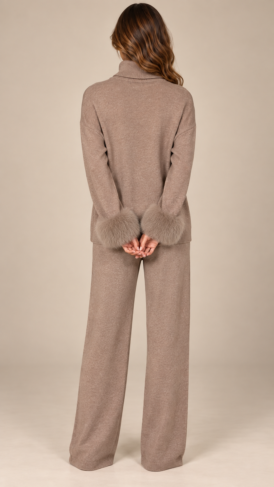 Noor Fur-Pom Knit Set — Taupe model back