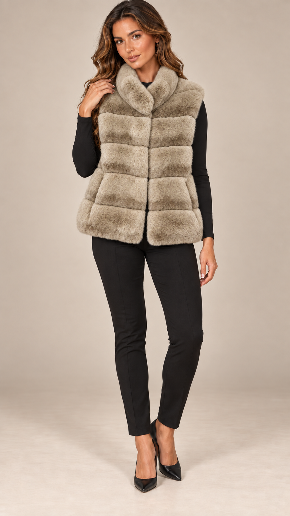 Nadia Chinchilla-Pattern Vest — Taupe model front
