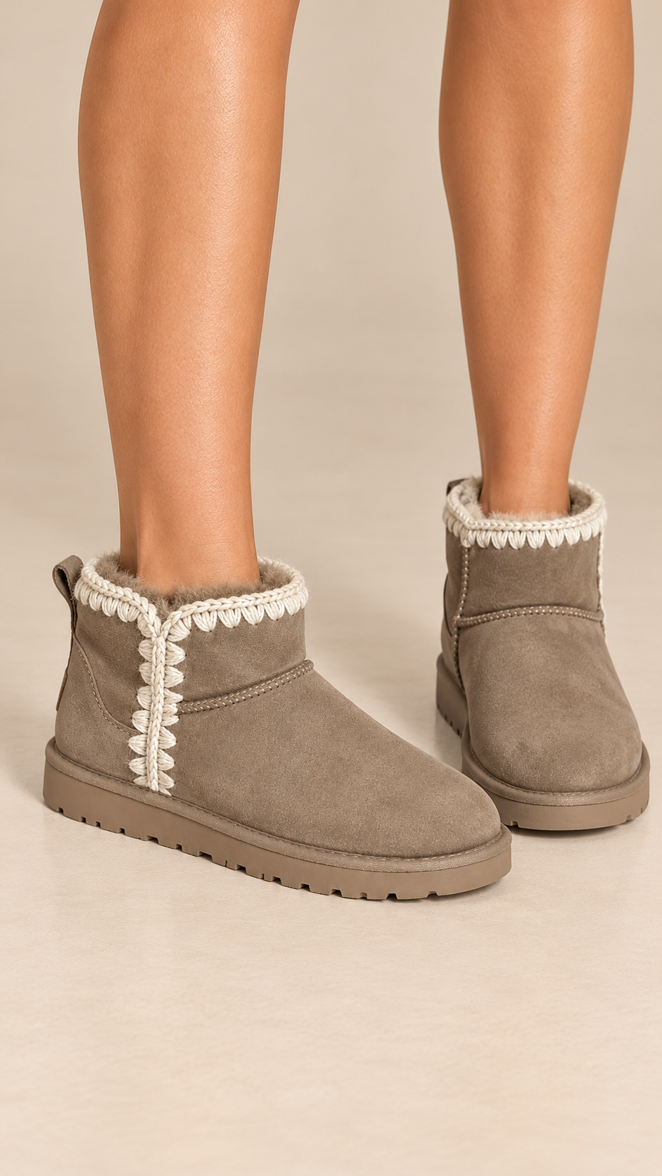 Ysella Whipstitch Mini Boot — Taupe worn closeup
