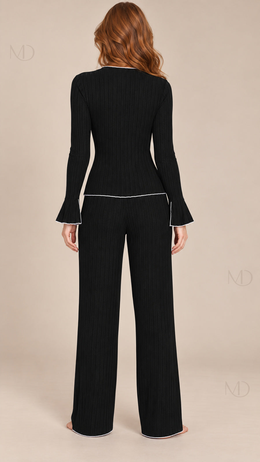 Vera Ribbed Bow Pajama Set black model back
