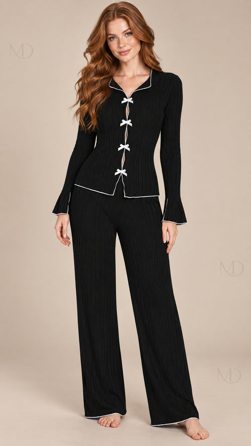 Vera Ribbed Bow Pajama Set black model front