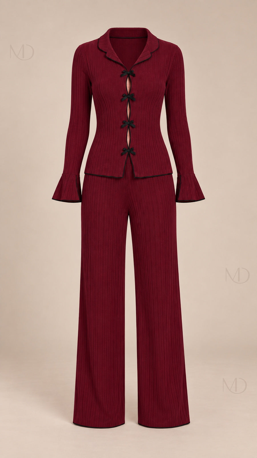 Vera Ribbed Bow Pajama Set burgundy mannequin front