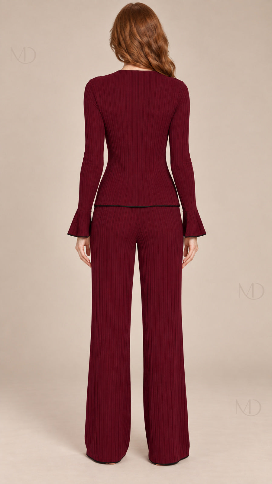 Vera Ribbed Bow Pajama Set burgundy model back