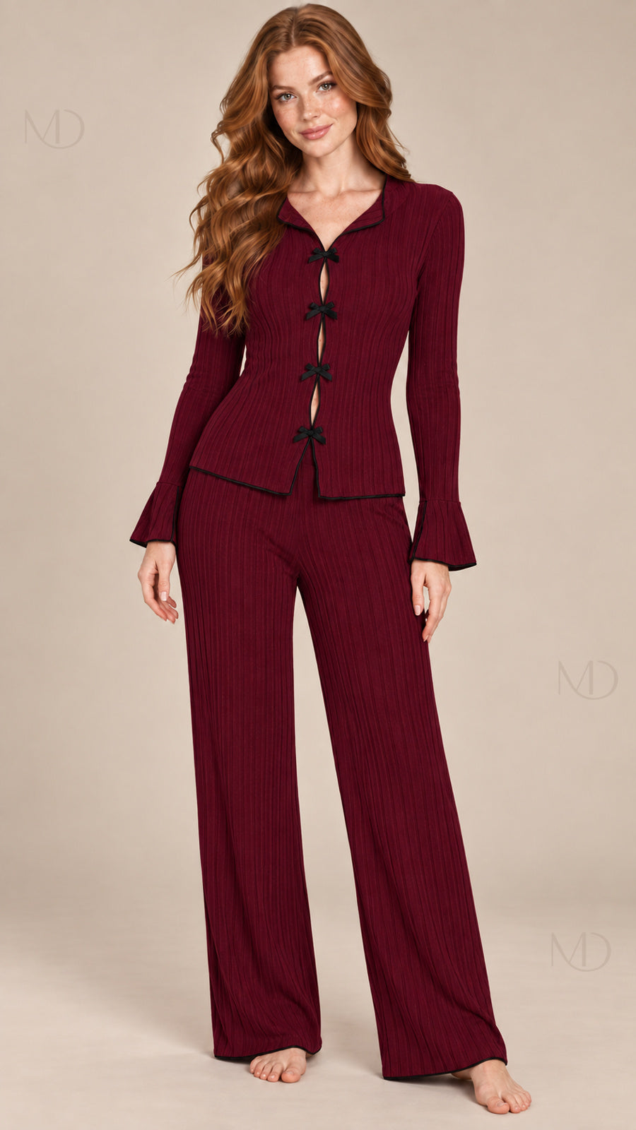 Vera Ribbed Bow Pajama Set burgundy model front