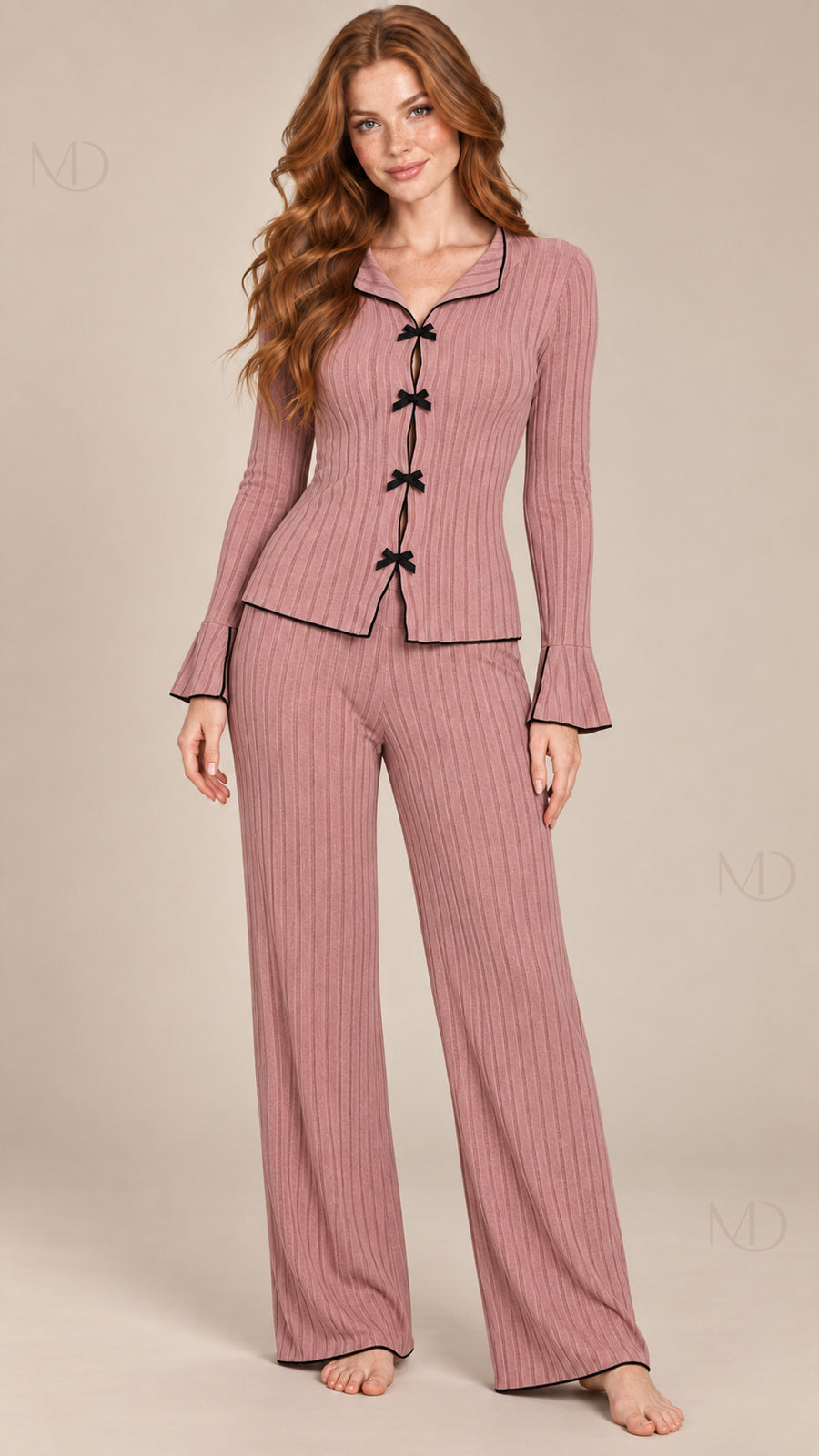 Vera Ribbed Bow Pajama Set dusty rose model front