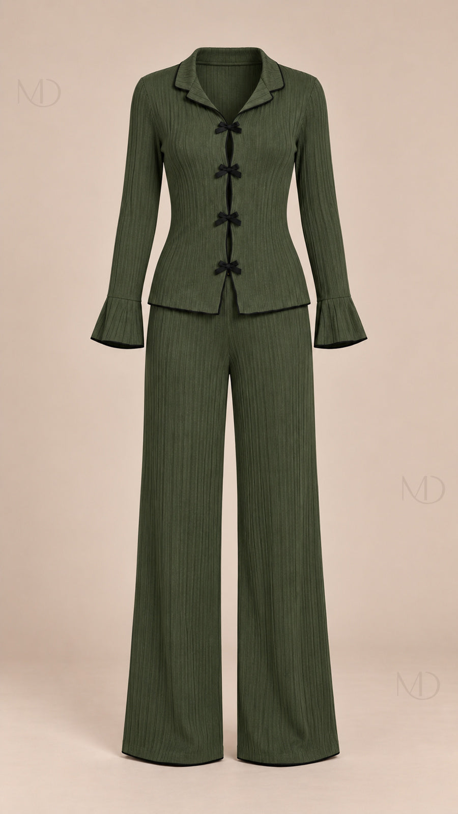 Vera Ribbed Bow Pajama Set green mannequin front