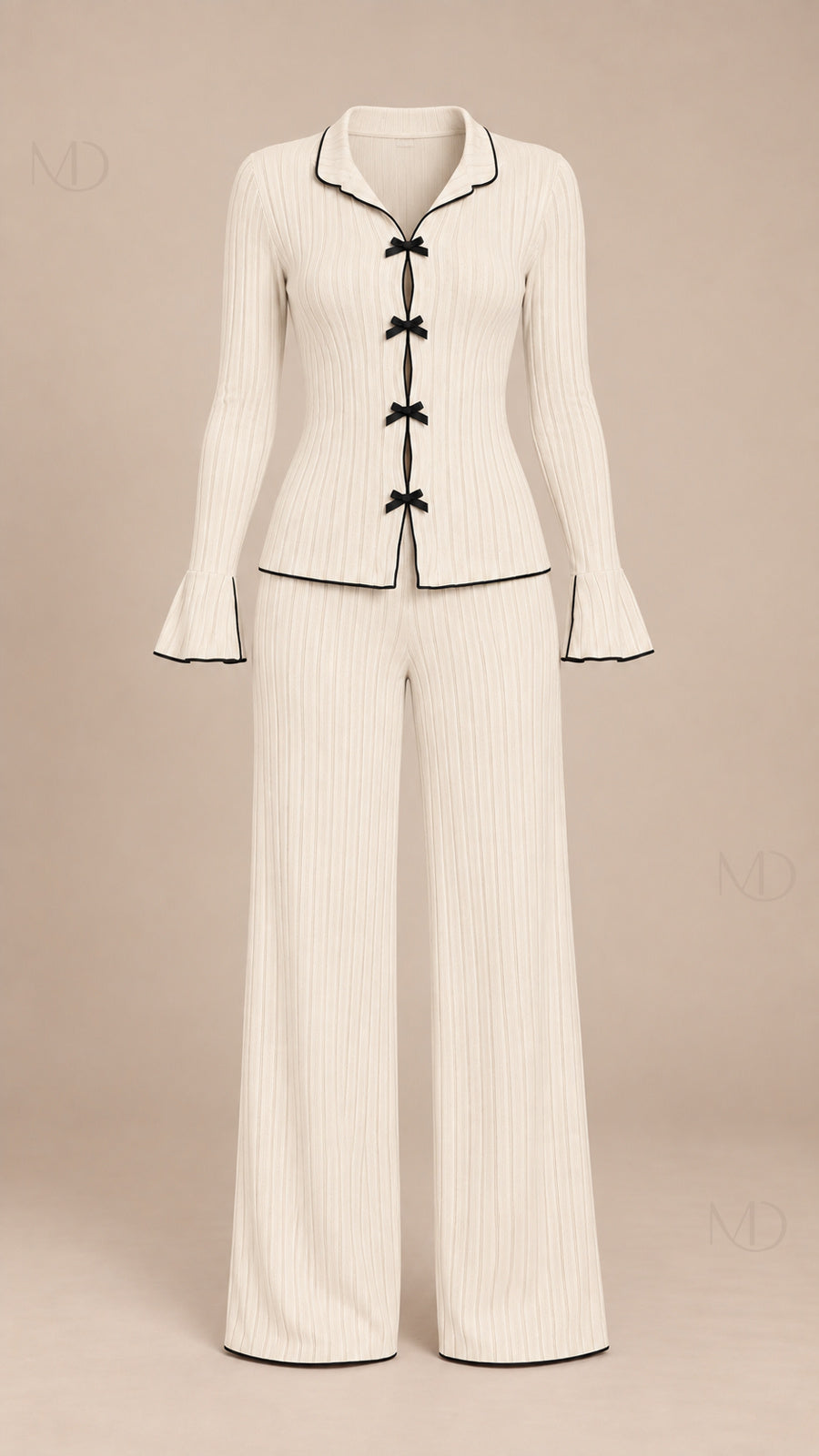 Vera Ribbed Bow Pajama Set off white mannequin front