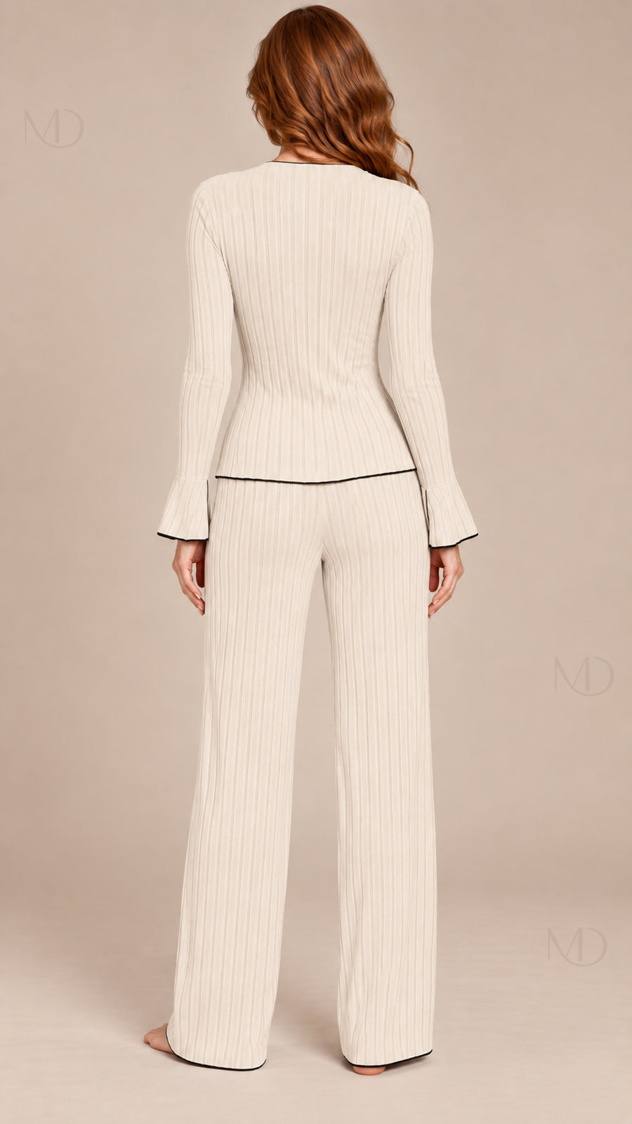 Vera Ribbed Bow Pajama Set off white model back