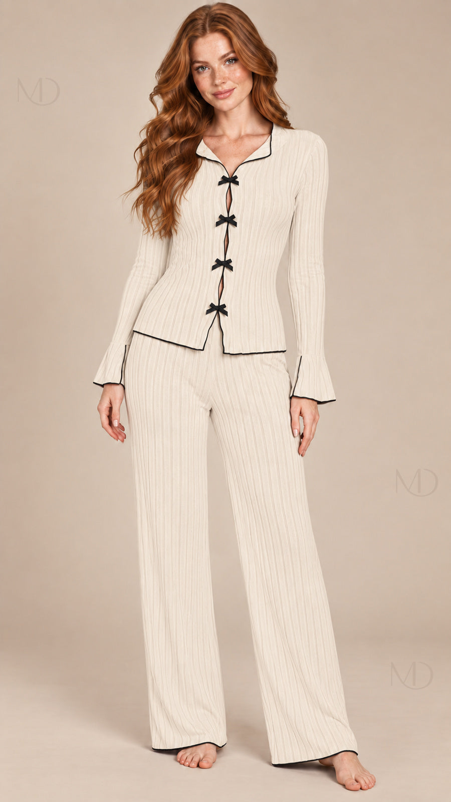 Vera Ribbed Bow Pajama Set off white model front