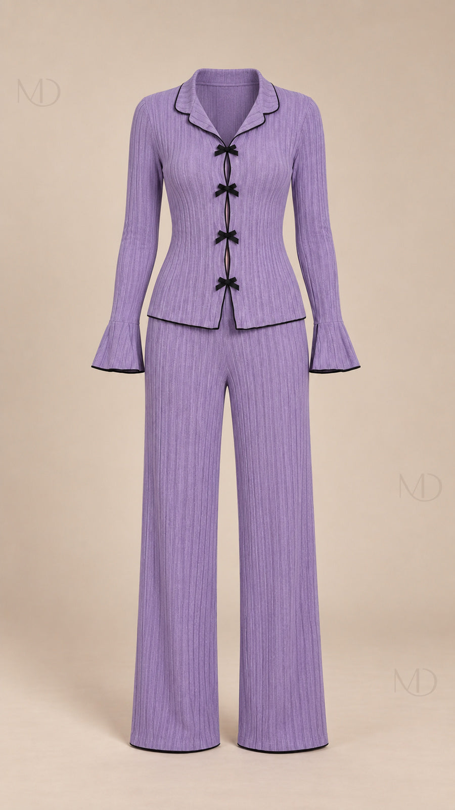 Vera Ribbed Bow Pajama Set purple mannequin front