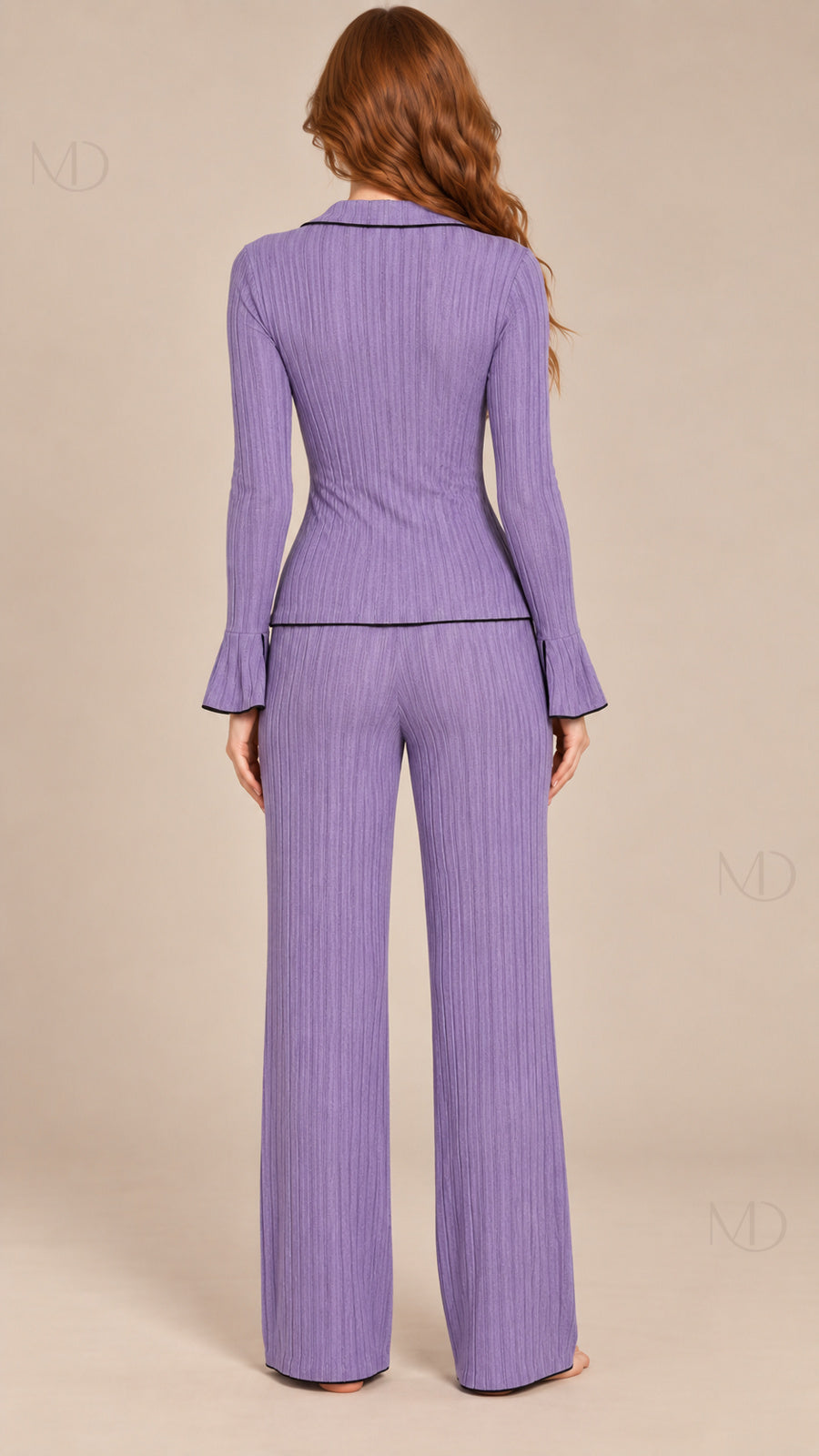 Vera Ribbed Bow Pajama Set purple model back