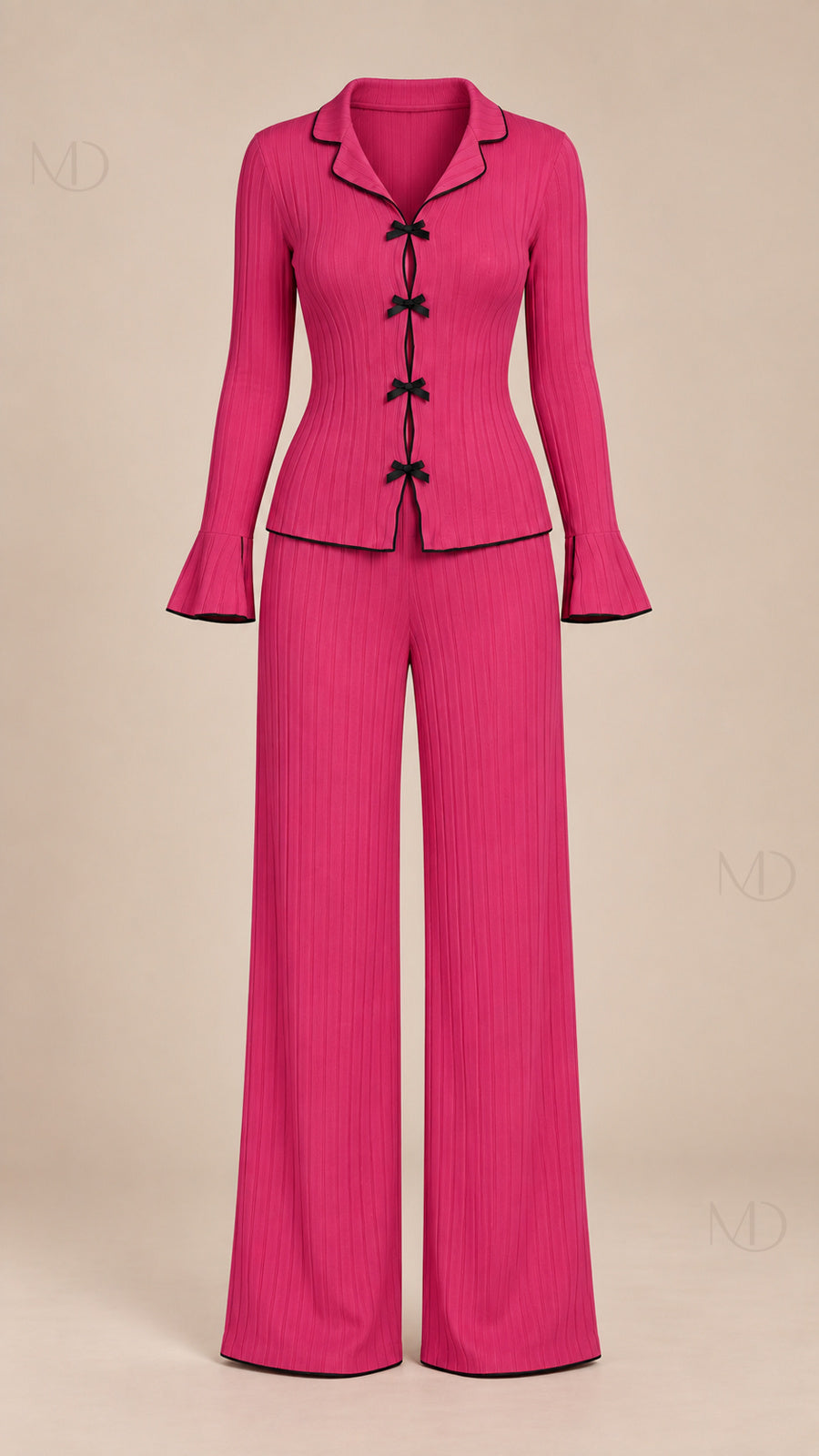 Vera Ribbed Bow Pajama Set rose red mannequin front
