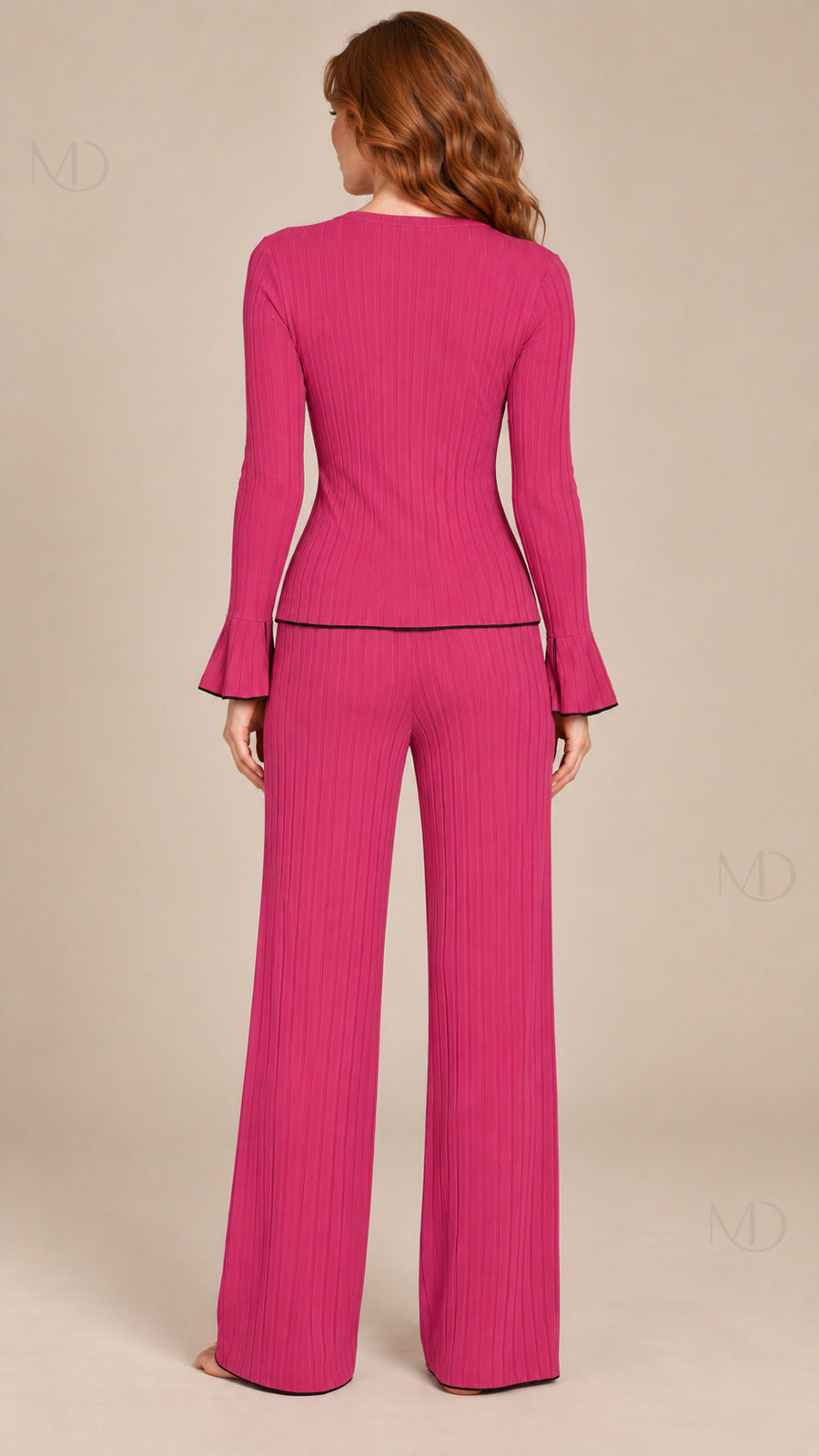 Vera Ribbed Bow Pajama Set rose red model back