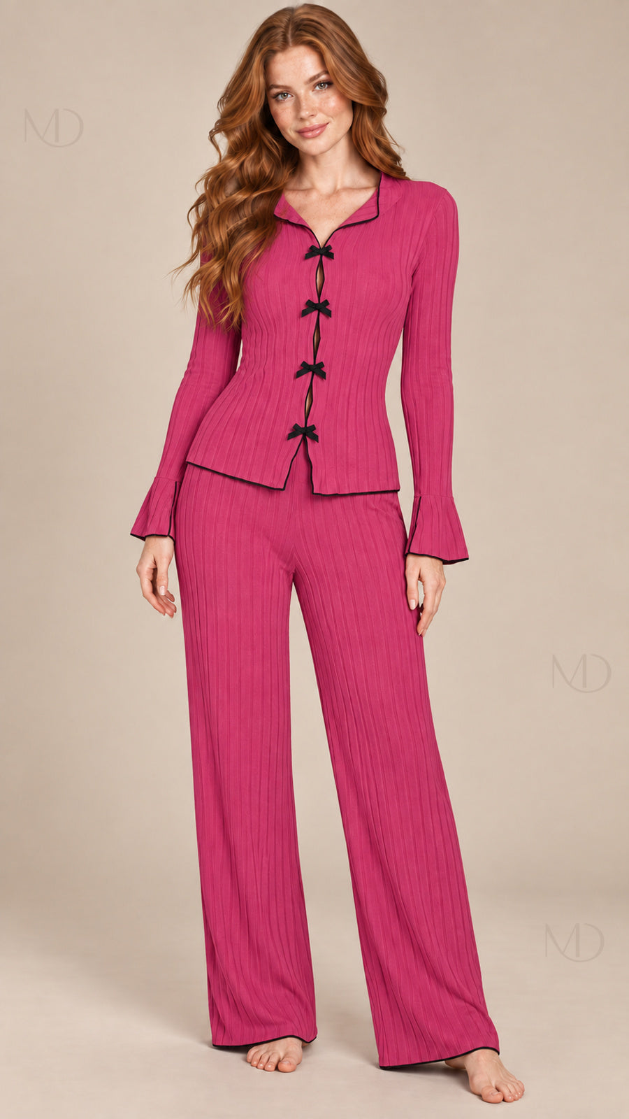 Vera Ribbed Bow Pajama Set rose red model front