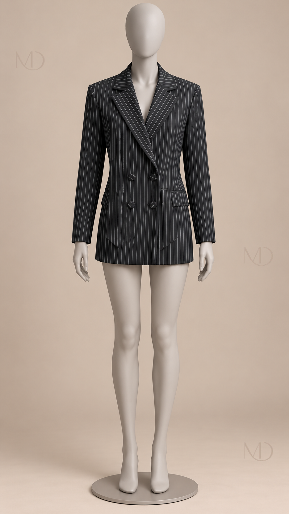 Genevieve Tie-Back Blazer — Vertical stripes black mannequin front