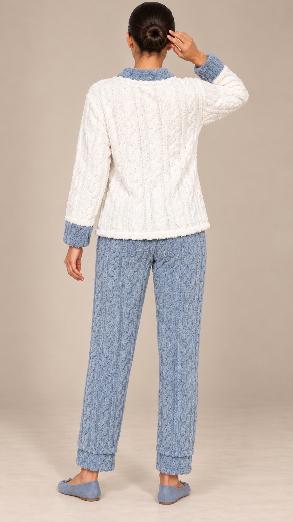 Nanette Bear-Pocket Pajama Set — White and blue model back