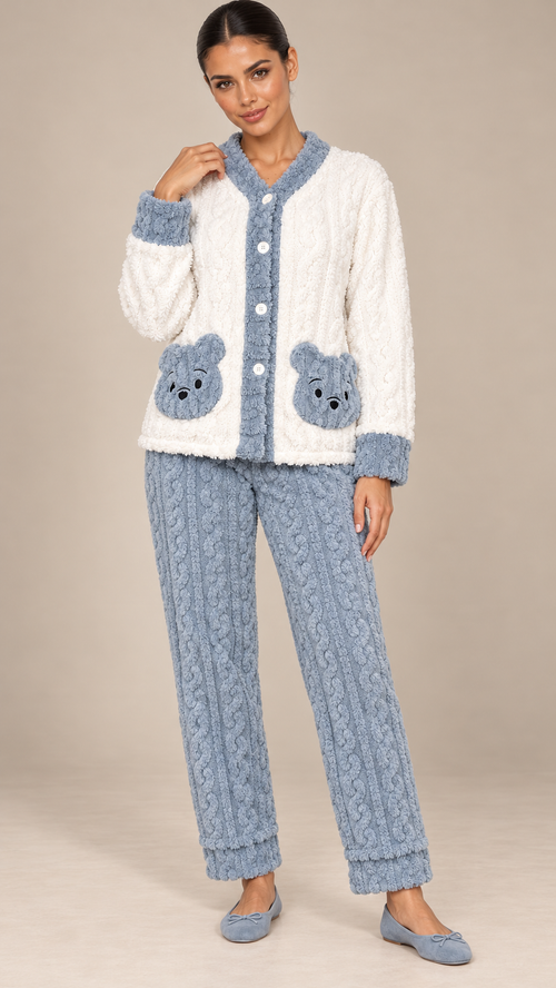 Nanette Bear-Pocket Pajama Set — White and blue model front