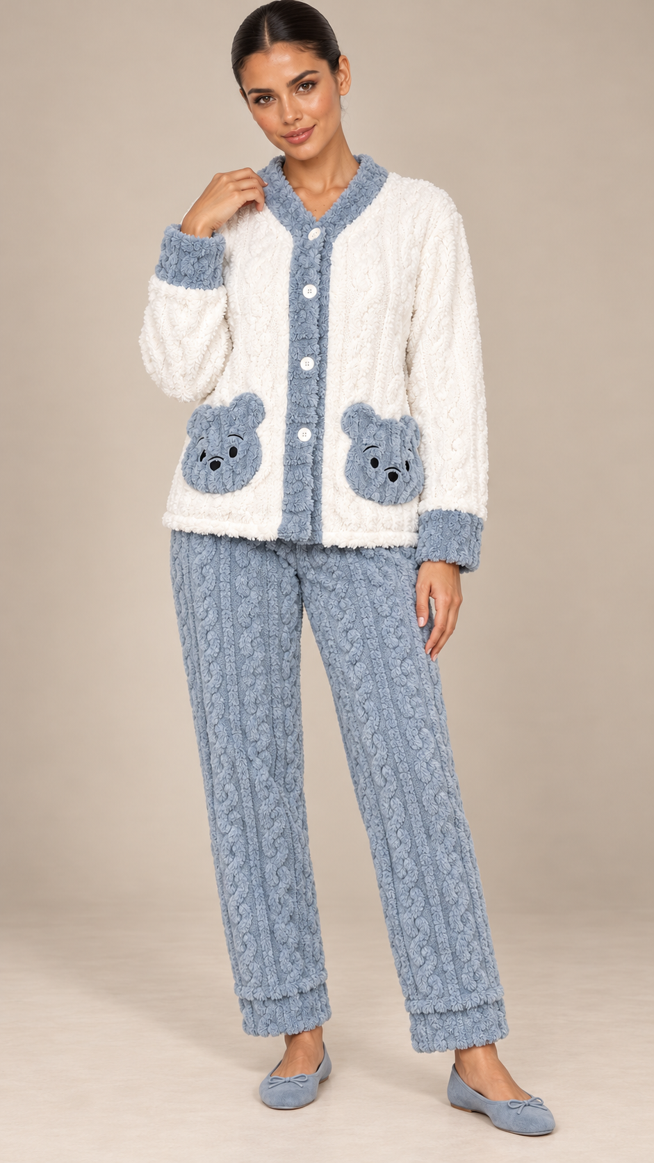 Nanette Bear-Pocket Pajama Set — White and blue model front