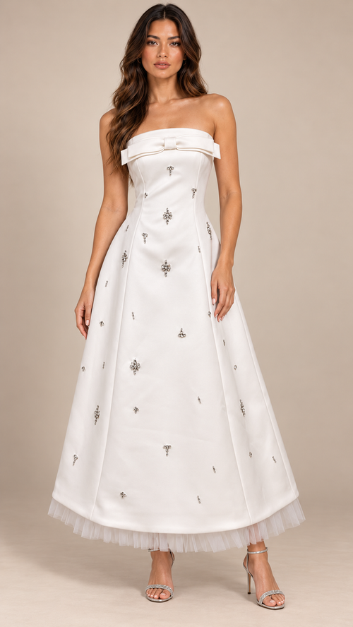 Eulalie Crystal Bandeau Dress — White Long model front