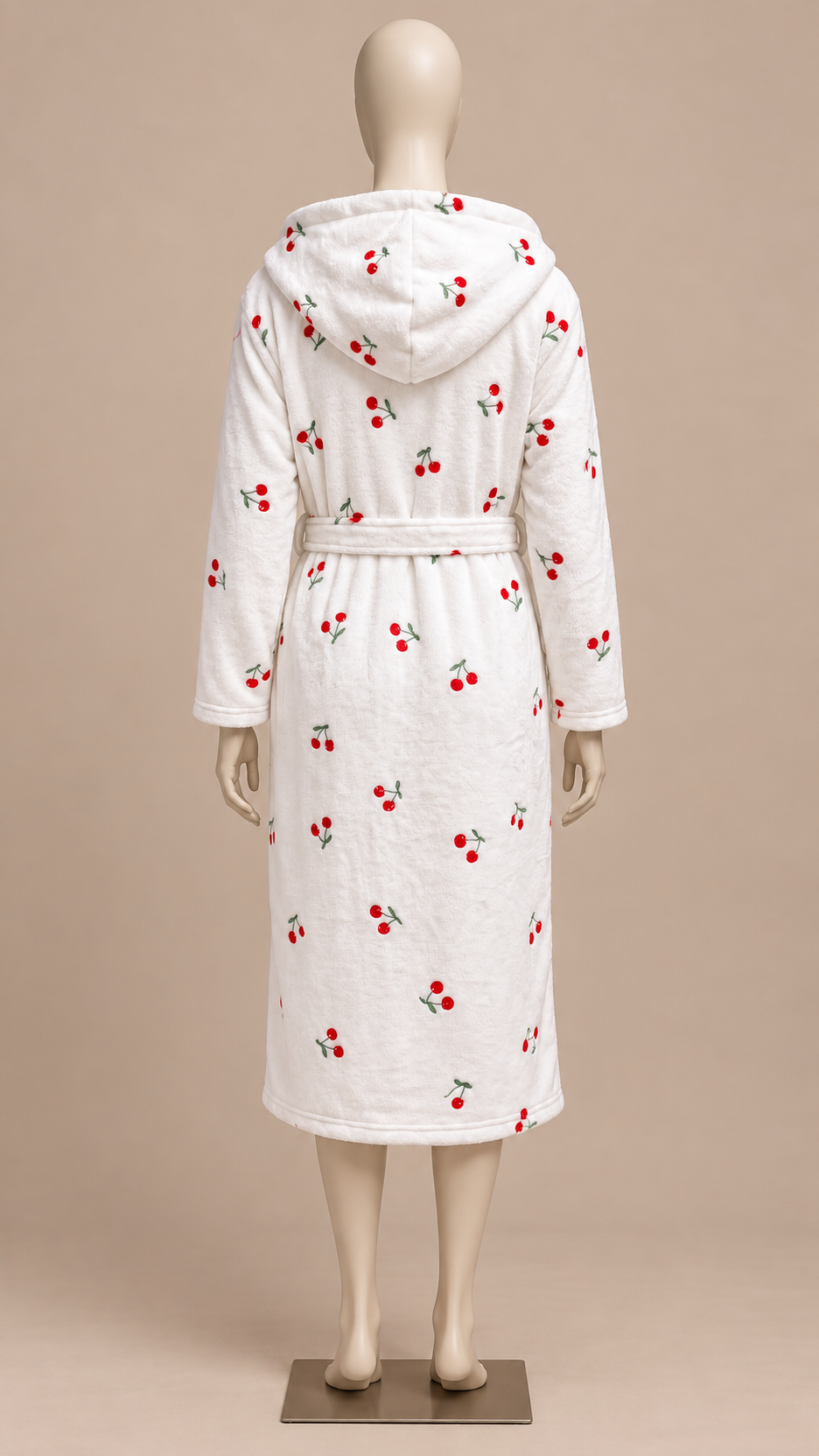 Clementine Cherry Hooded Robe — White mannequin back