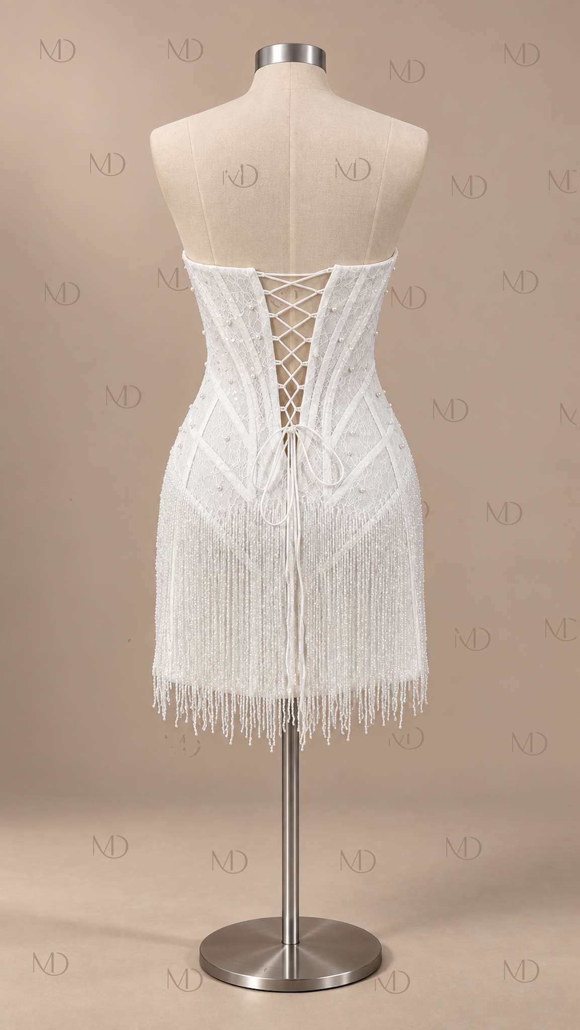 Celeste Pearl Fringe Mini Dress — White mannequin back