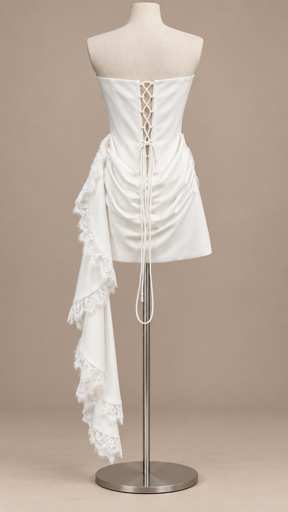 Elodie Draped Sash Mini Dress — White mannequin back