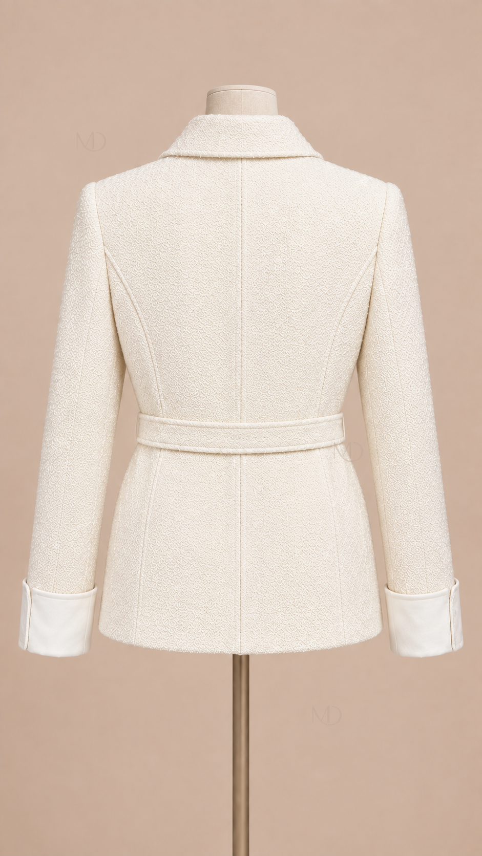 Colette Belted Tweed Jacket — White mannequin back