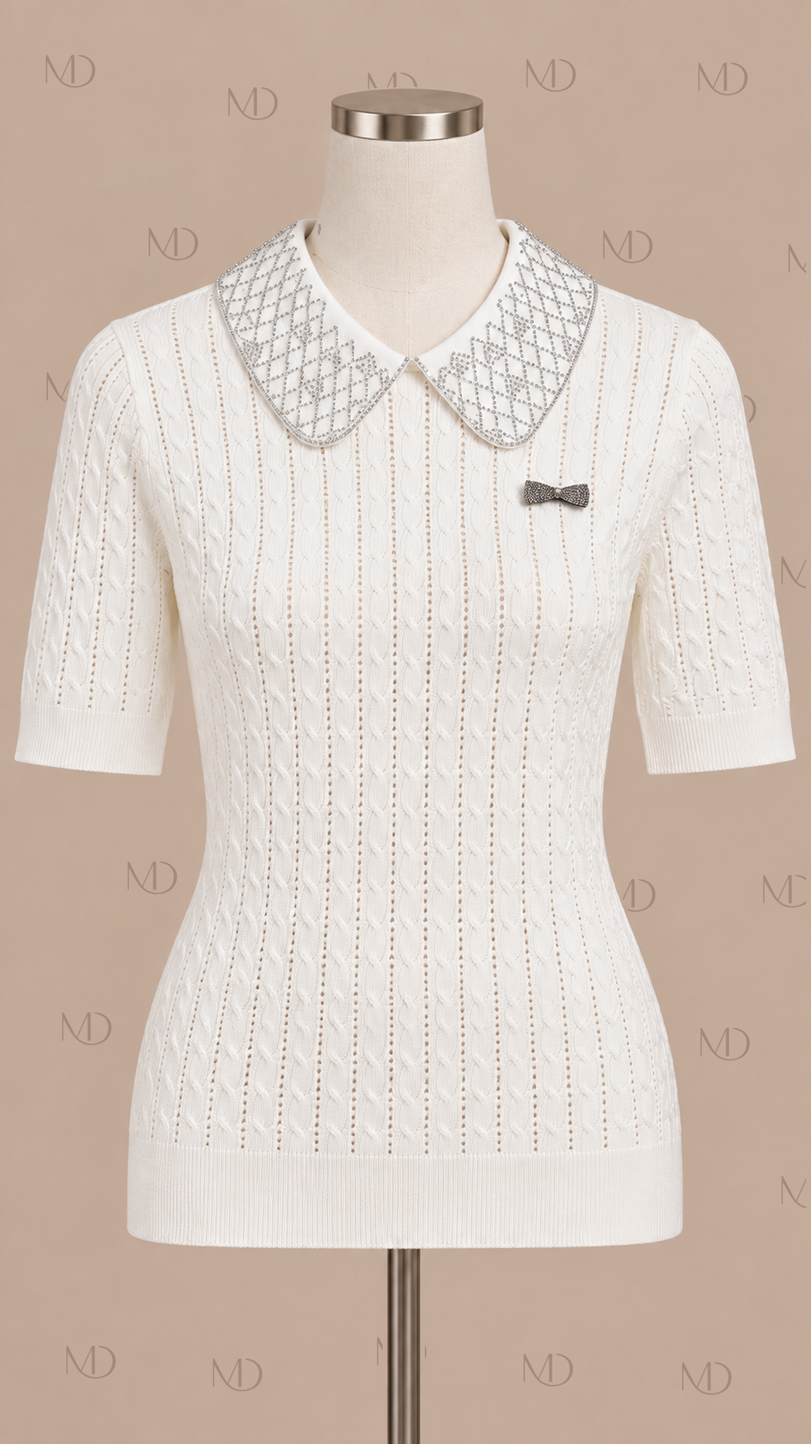 Ines Beaded Collar Knit Top — White mannequin front