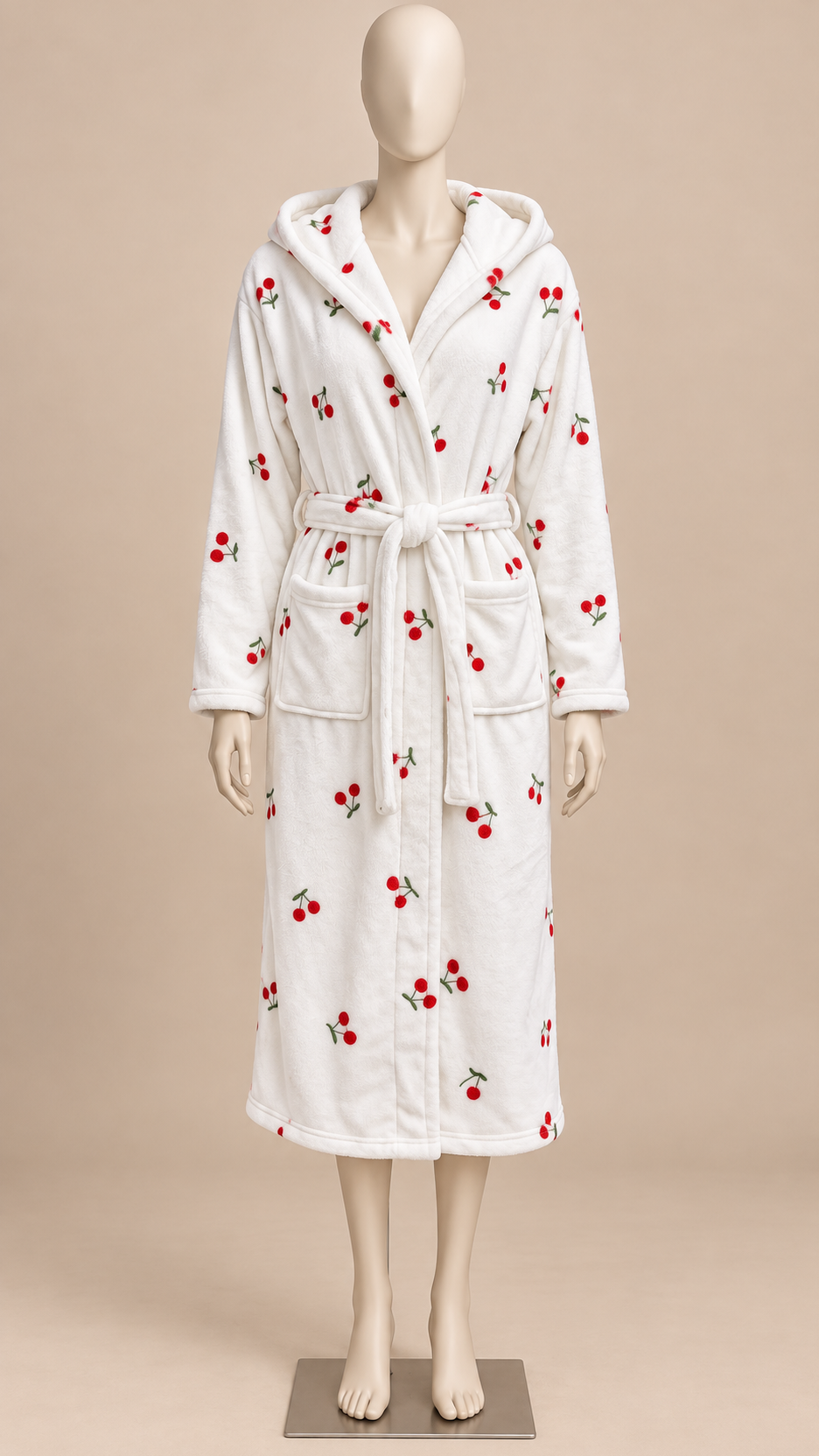 Clementine Cherry Hooded Robe — White mannequin front