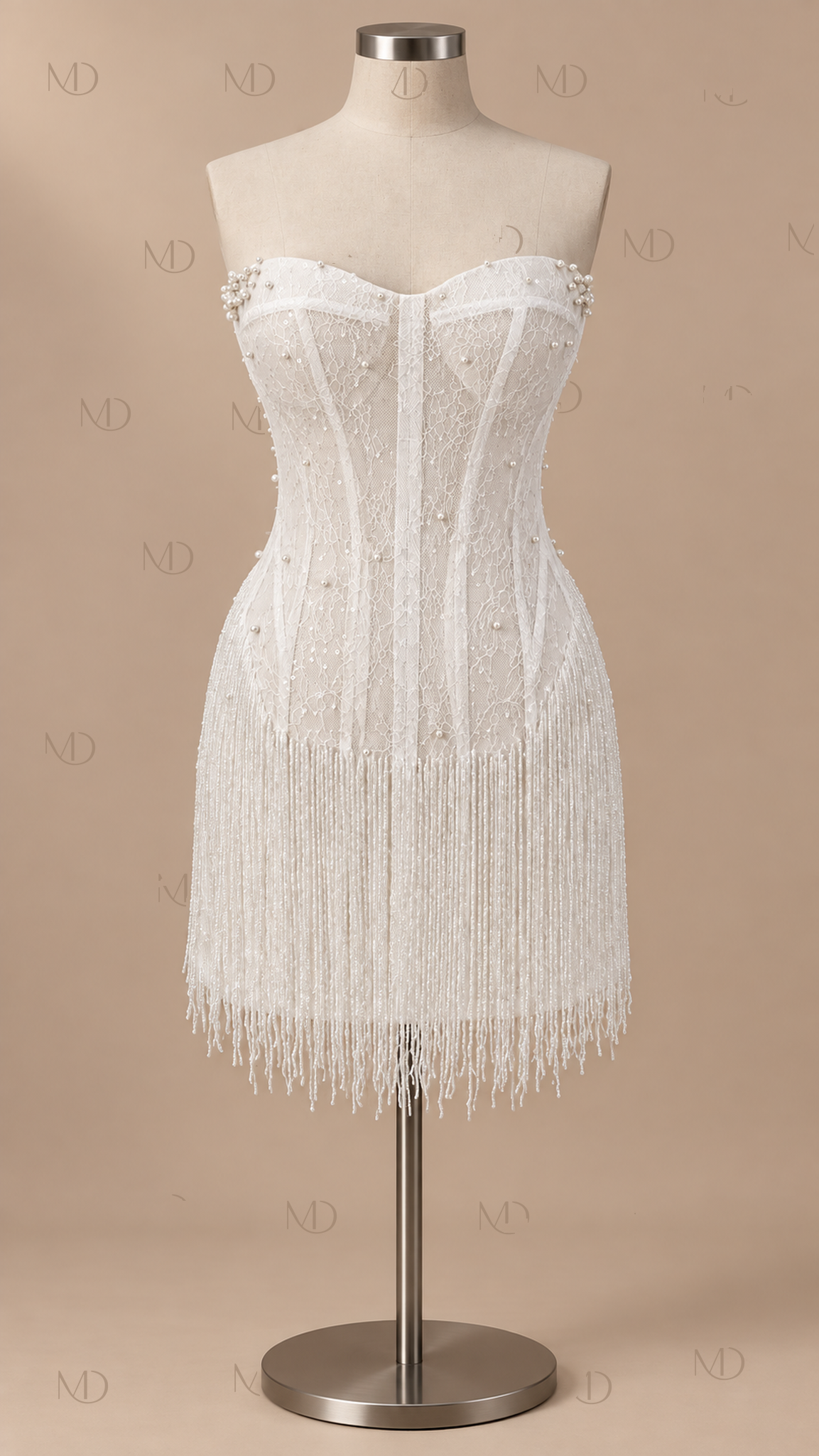 Celeste Pearl Fringe Mini Dress — White mannequin front