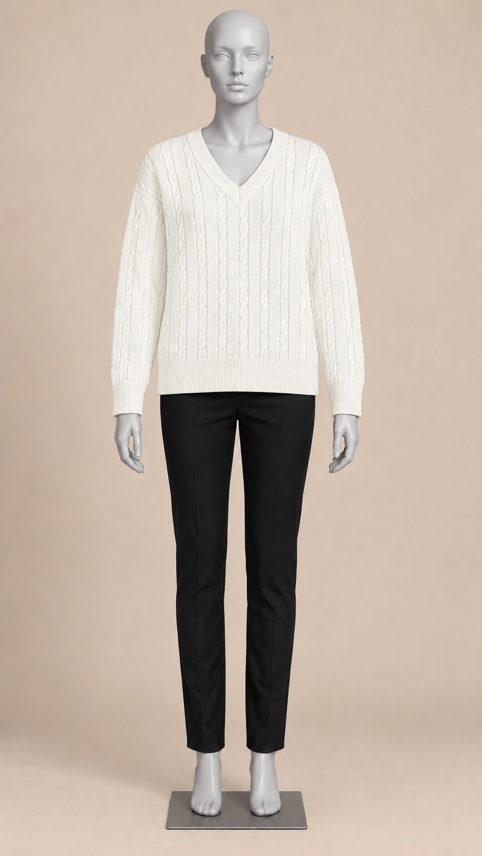 Marit Cable V-Neck Sweater — White mannequin front