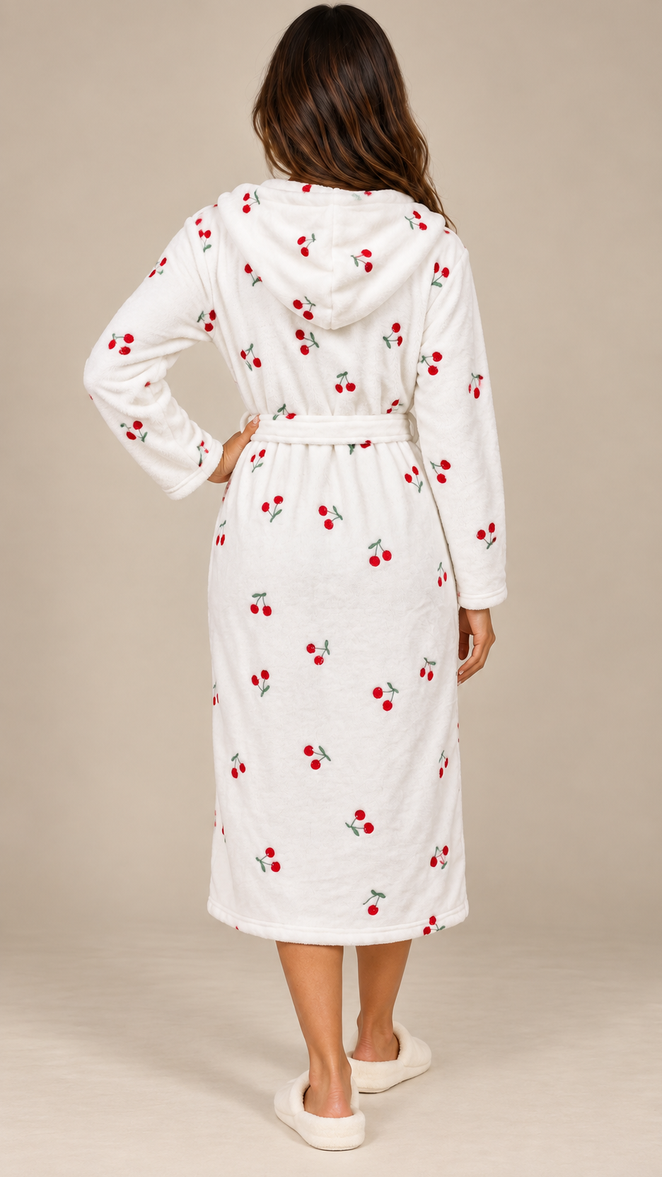 Clementine Cherry Hooded Robe — White model back