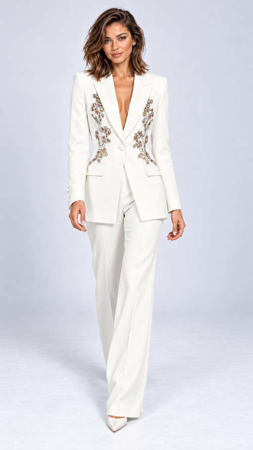 Rowena Sequin-Vine Suit Set — White model front