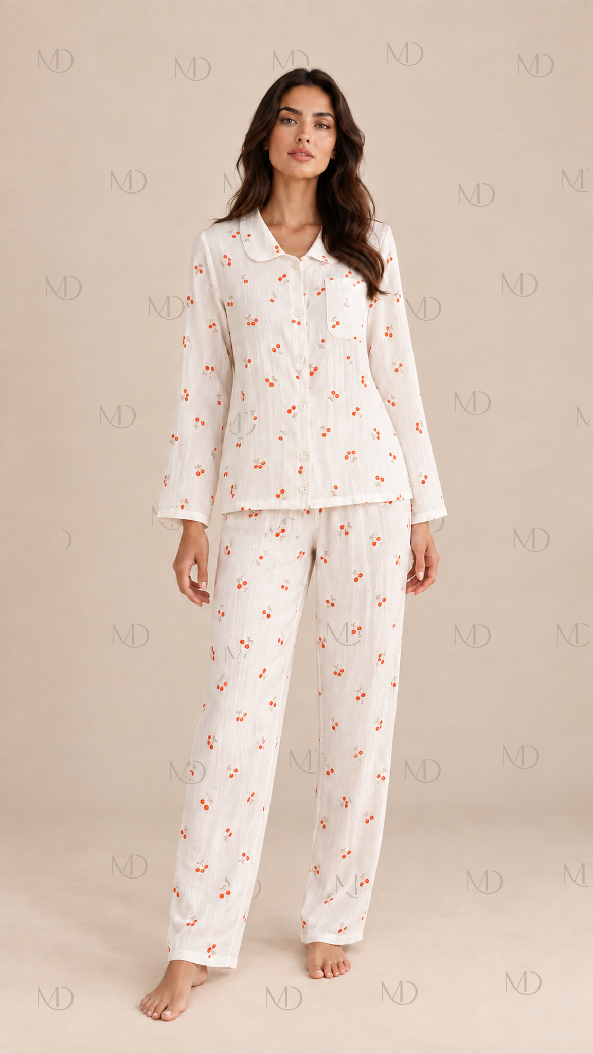 Cerise Cotton Gauze Pajama Set — White model front