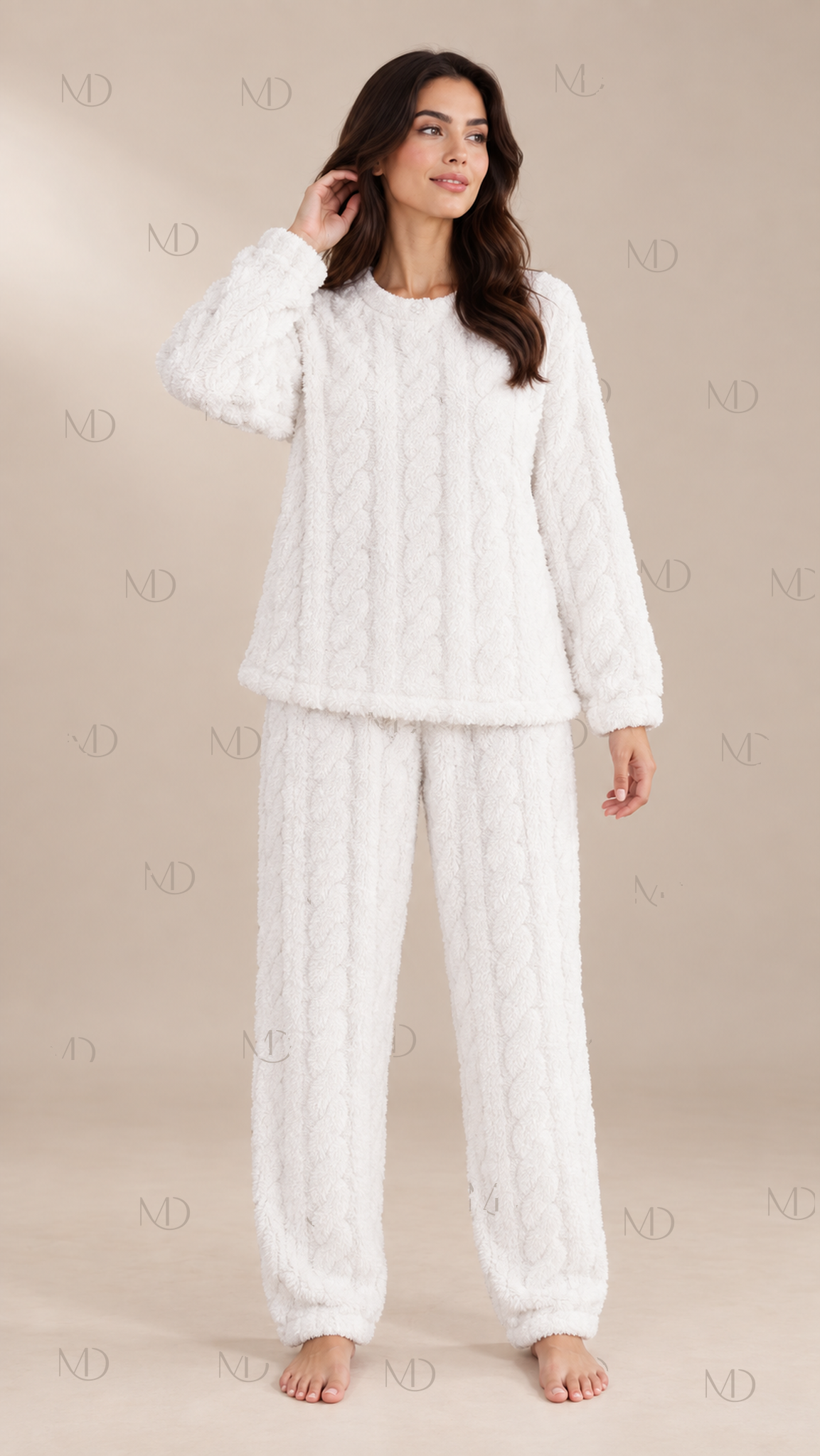 Nova Fleece Pajama Set — White model front